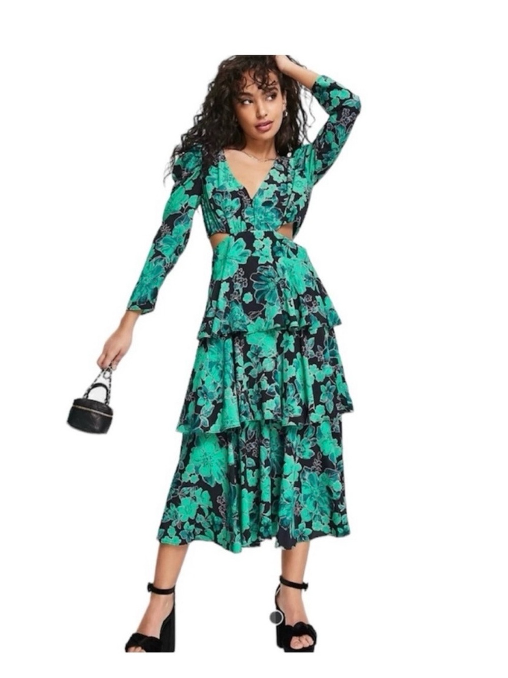 Topshop Green Floral Cut Out Tiered Midi Dress Size 4 US
